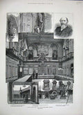 Original Old Antique Print 1884 London City Guilds Haberdashers Court Room Hall