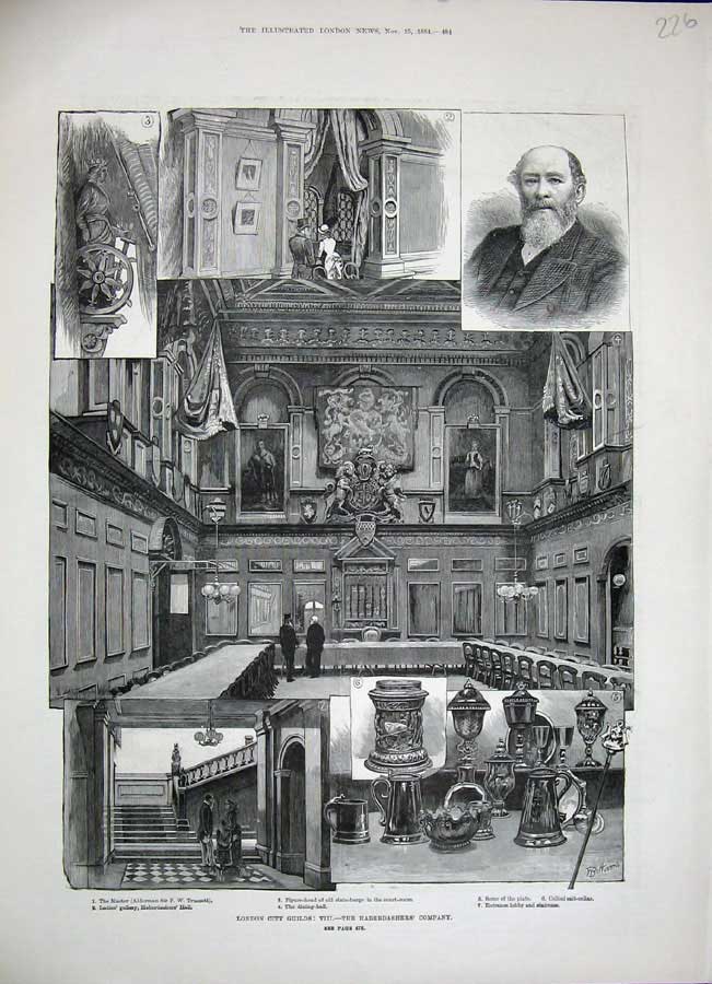 Original Old Antique Print 1884 London City Guilds Haberdashers Court Room Hall