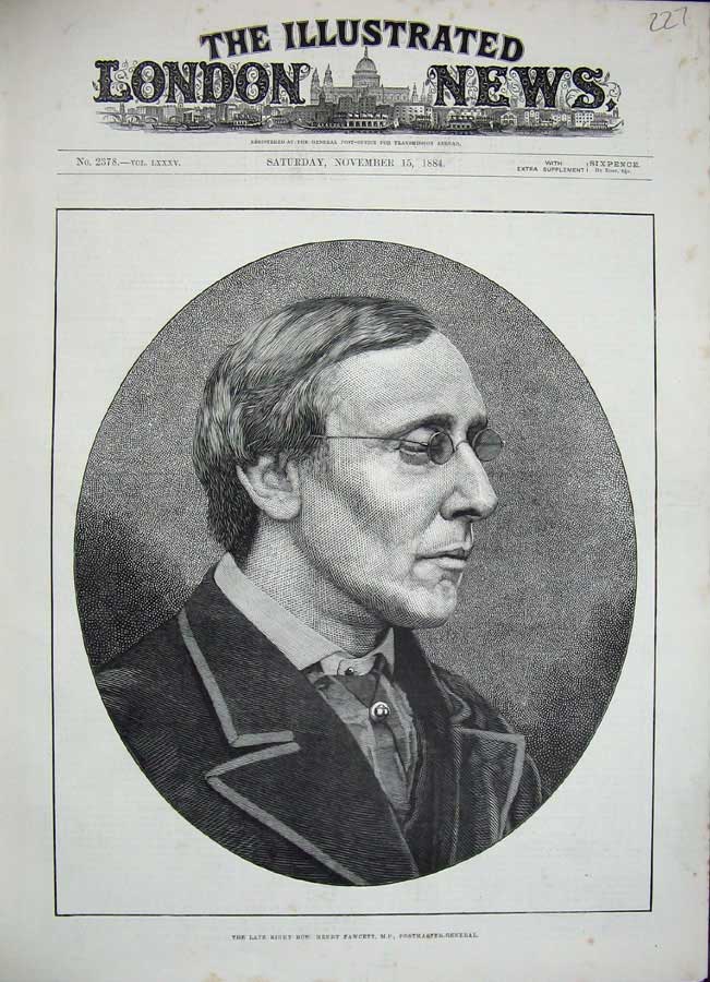Original Old Antique Print 1884 Portrait Henry Fawcett Postmaster General Man
