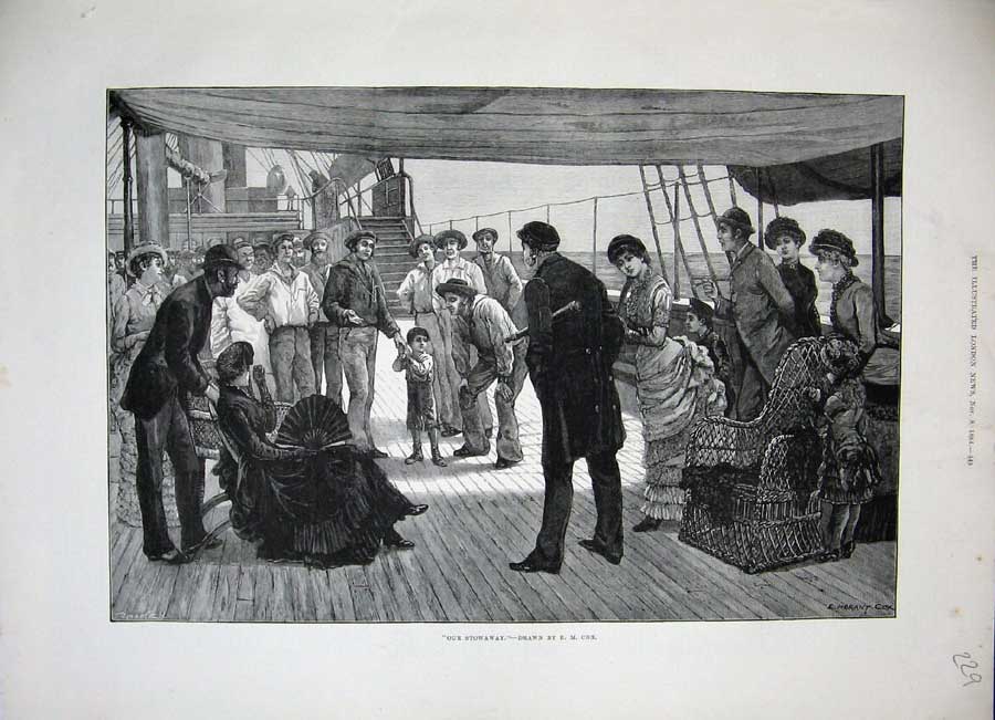 Original Old Antique Print 1884 Morant Cox Fine Art People Ship Deck Little Boy