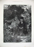 Original Old Antique Print 1884 Fine Art Men Country Bench Trees Flowers Cat