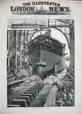 Old Antique Print 1884 Overend Fine Art Launch H.M.S Rodney Chatham Ship 19th