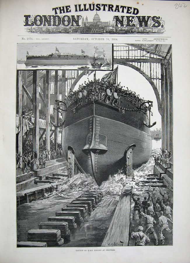 Old Antique Print 1884 Overend Fine Art Launch H.M.S Rodney Chatham Ship 19th
