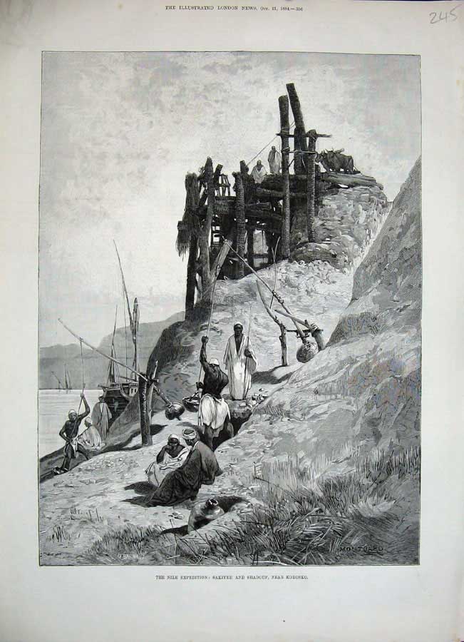 Original Old Antique Print 1884 River Nile Sakiyeh Shadouf Korosko Men Montbard