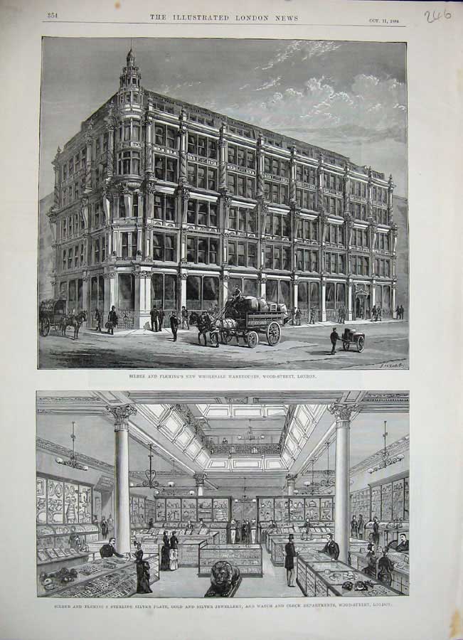 Old Antique Print 1884 Silber Fleming Wholesale Warehouse Building London 19th