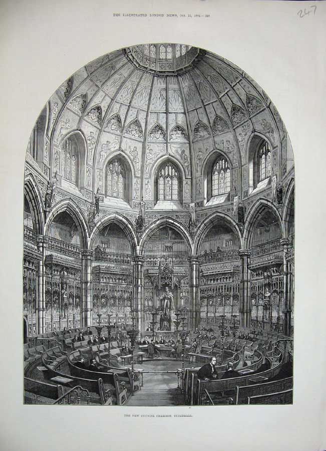 Old Antique Print 1884 Interior View New Council Chamber Guildhall London 19th