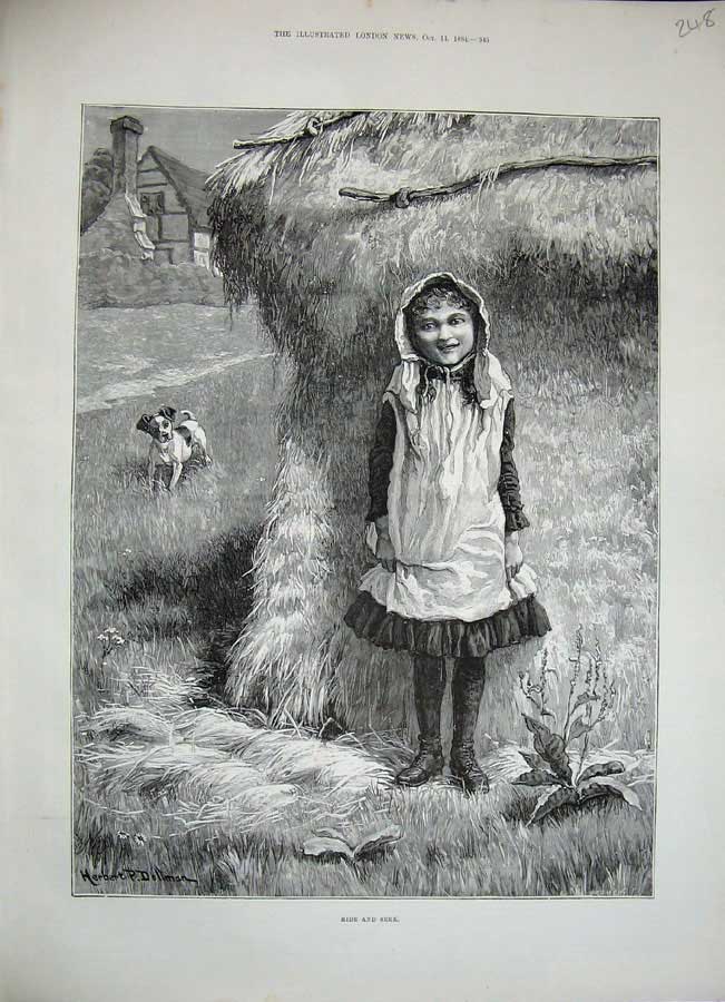 Original Old Antique Print 1884 Dollman Fine Art Little Girl Puppy Dog Country