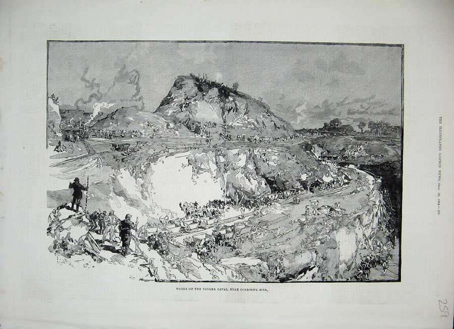 Old Antique Print 1884 View Works Panama Canal Corrosita Hill Mountains 19th