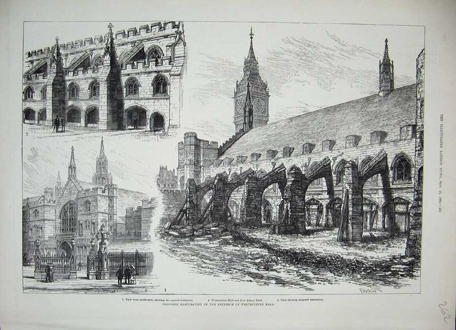 Old Antique Print 1884 Westminster Hall Building Architecture Restoration 19th