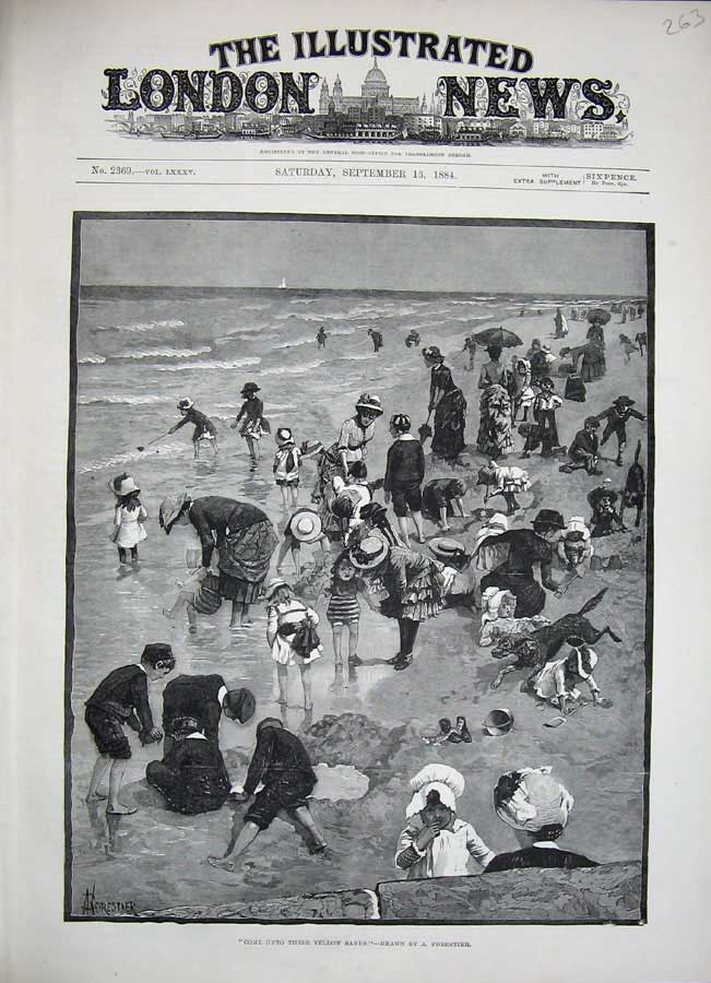 Original Old Antique Print 1884 Forestier Fine Art Beach Sands Children Sea Dog