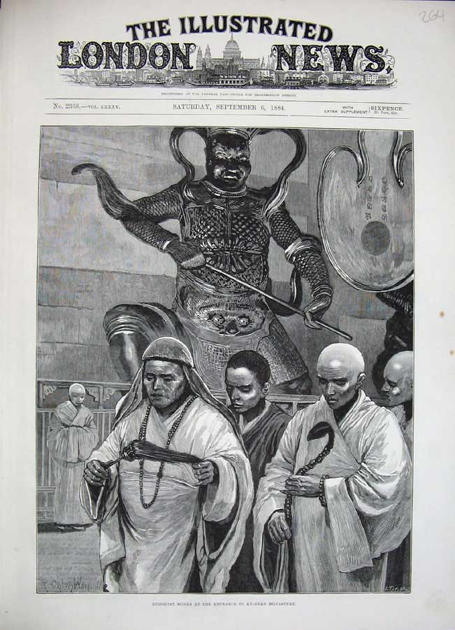 Original Old Antique Print 1884 Buddhist Monks Ku-Shan Monastery Men Fine Art