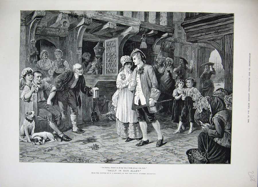 Old Antique Print 1884 Kennedy Fine Art Street Scene People Children Dogs 19th