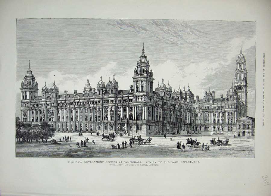 Old Antique Print 1884 View Government Offices Whitehall War Department 19th