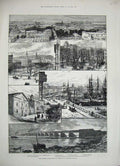 Original Old Antique Print 1884 Montreal Canada Harbour D'Armes Railway Bridge