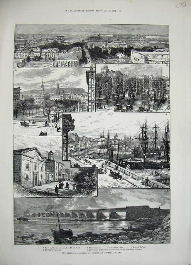Original Old Antique Print 1884 Montreal Canada Harbour D'Armes Railway Bridge