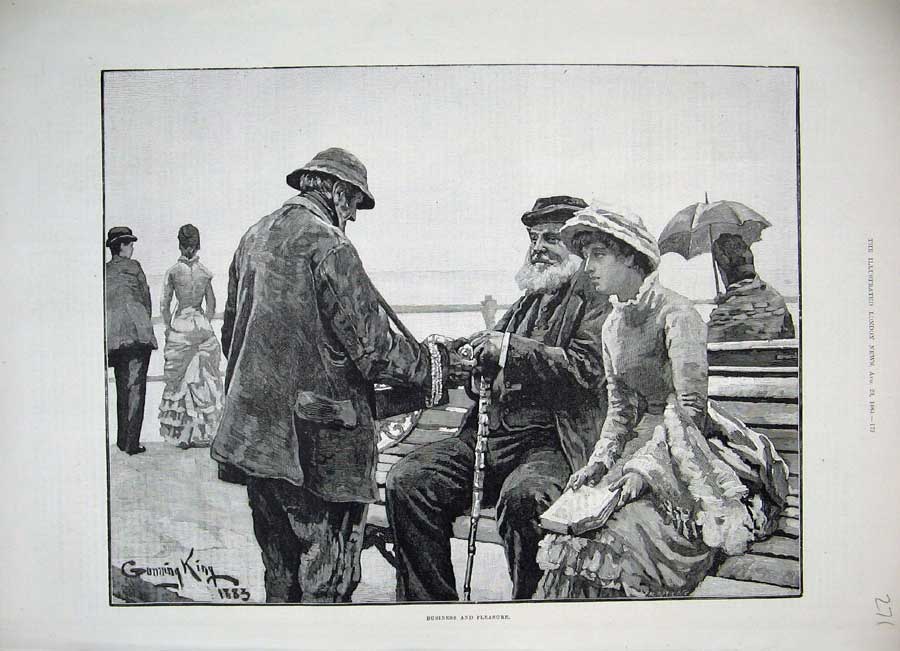 Original Old Antique Print 1884 King Fine Art Sea-Side People Holiday Men Women