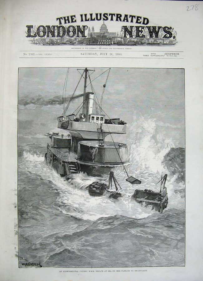 Old Antique Print 1884 Ship H.M.S Hecate Heligoland Sea Overend Fine Art 19th