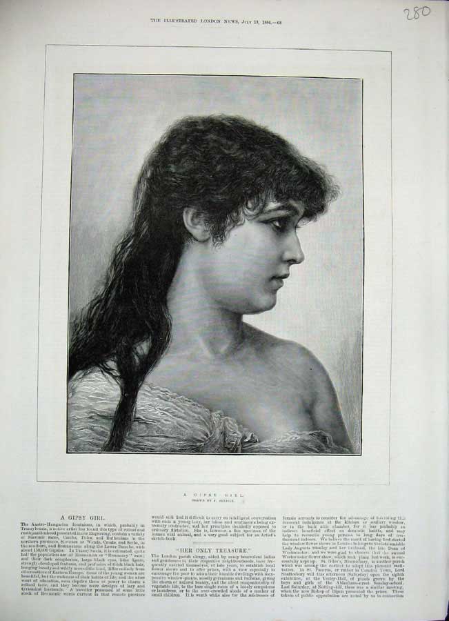 Original Old Antique Print 1884 Jenisek Fine Art Portrait Beautiful Gipsy Girl