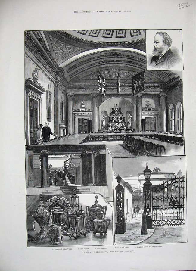 Old Antique Print 1884 London City Guilds Salter'S Company Master Stairs 19th
