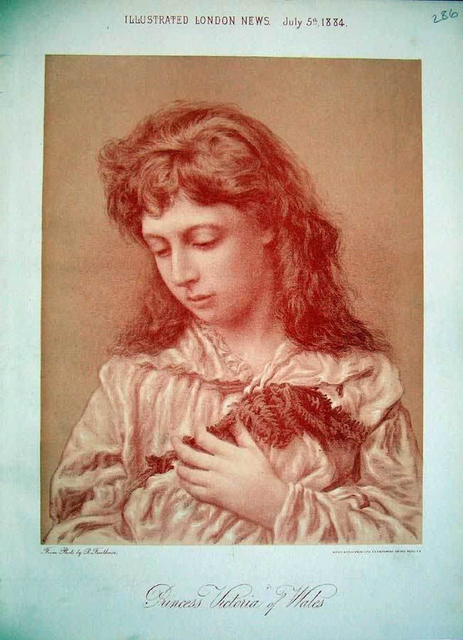 Original Old Antique Print 1884 Sepia Portrait Princess Victoria Wales 19th