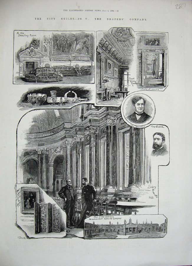 Original Old Antique Print 1884 London City Guilds Drapers Company Master Clerk
