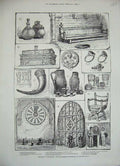 Original Old Antique Print 1884 Winchester Roman Urns Castle Arthur Round Table