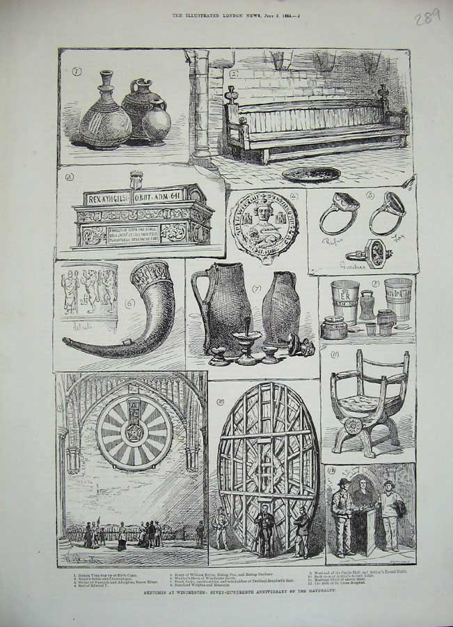 Original Old Antique Print 1884 Winchester Roman Urns Castle Arthur Round Table