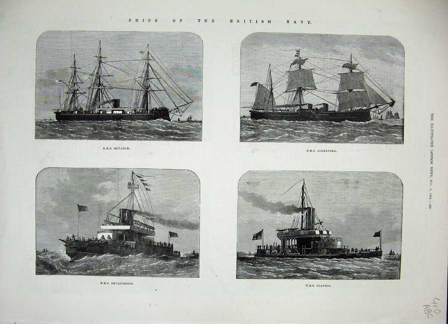 Old Antique Print 1884 British Navy Ships Monarch Glatton Comus Sultan 19th