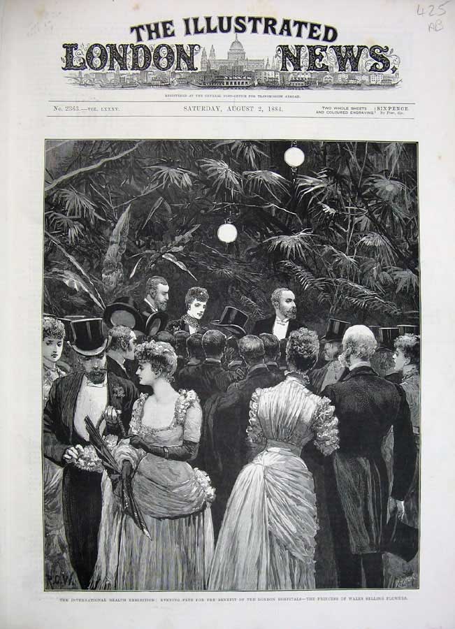 Antique Old Print 1884 Princess Wales Flowers Health Exhibition Furniture 19th