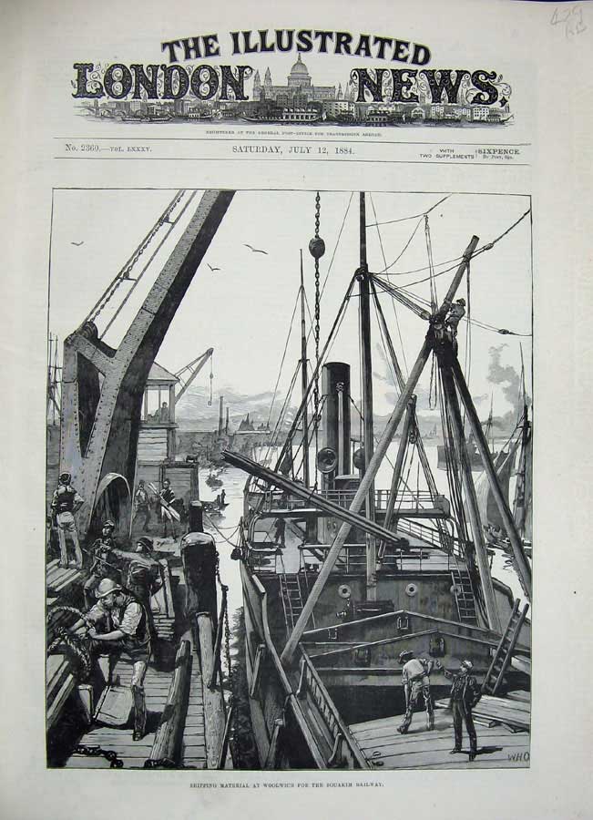 Old Antique Print 1884 Shipping Woolwich Souakim Railway Ship Albacore 19th