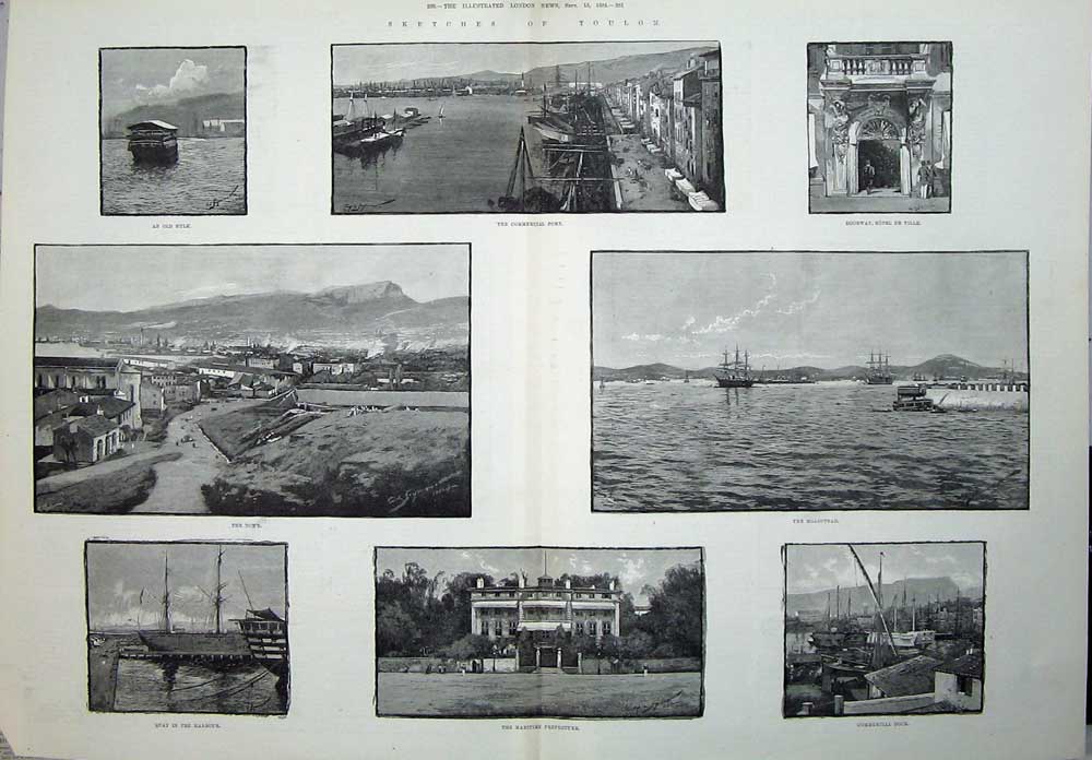Old Antique Print 1884 Toulon France Ships Harbour Port Hotel De Ville 19th