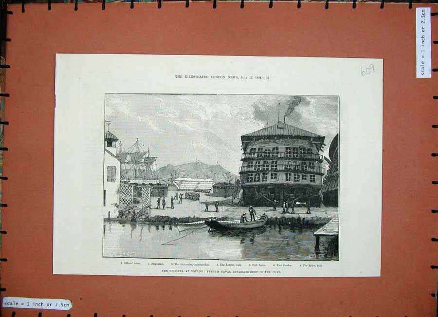Old Antique Print 1884 French Nayv Ship Port Toulon Faron Coudon Jupiter 19th