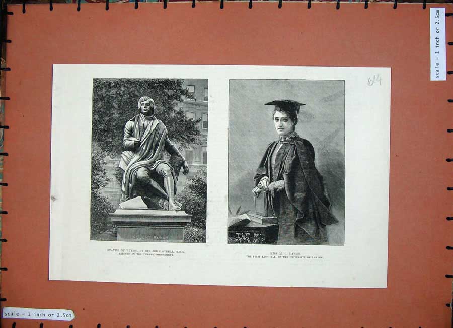 Old Antique Print 1884 Statue Burns Sir John Steell Miss Dawes University 19th