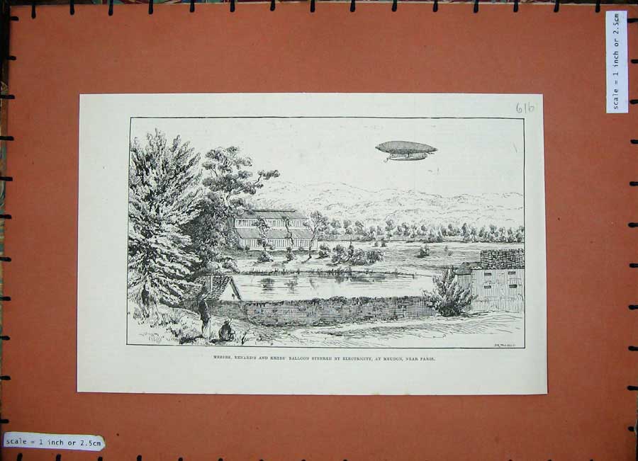 Old Antique Print 1884 Renard'S Kreb'S Balloon Electricity Meudon Paris 19th