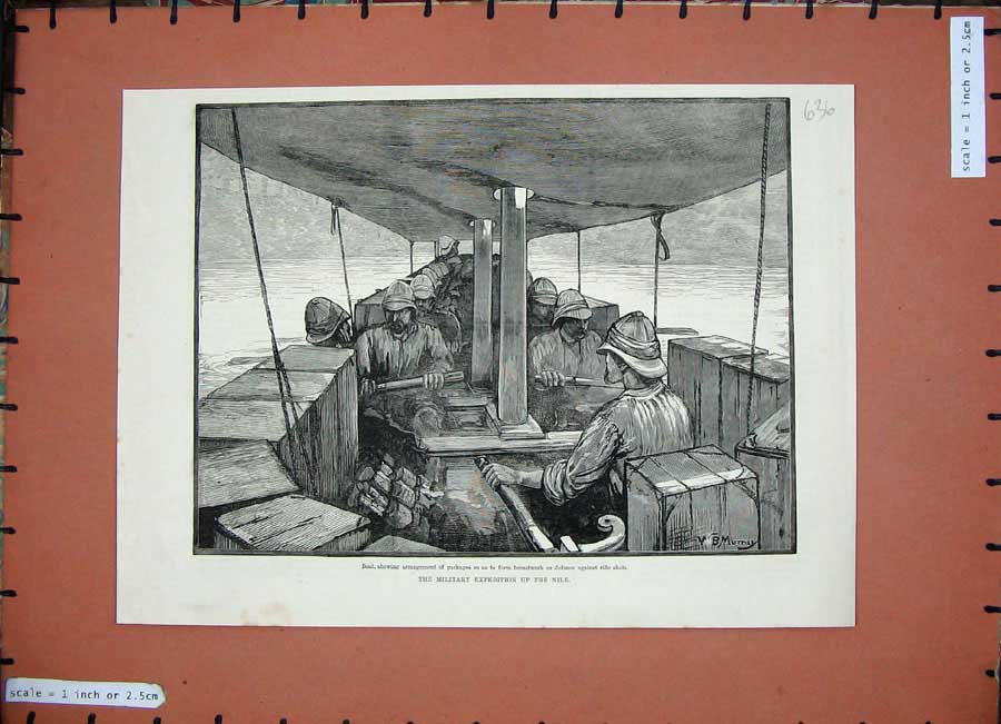 Original Old Antique Print 1884 Military Expedition River Nile Boat Siers Art