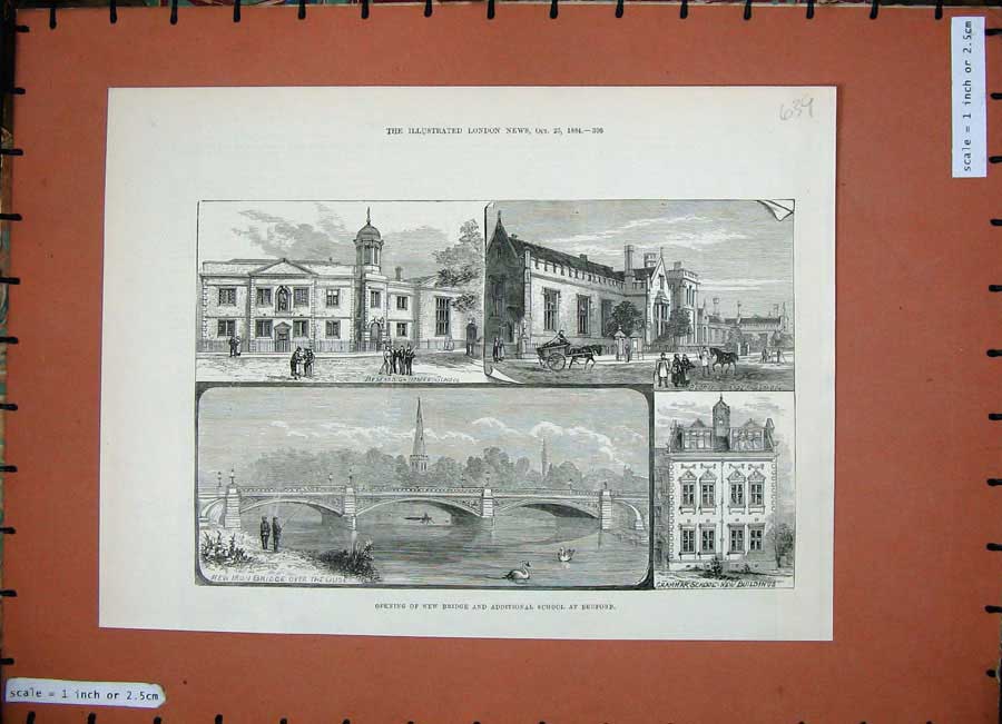 Original Old Antique Print 1884 Bridge Grammar School Beford Buildings England