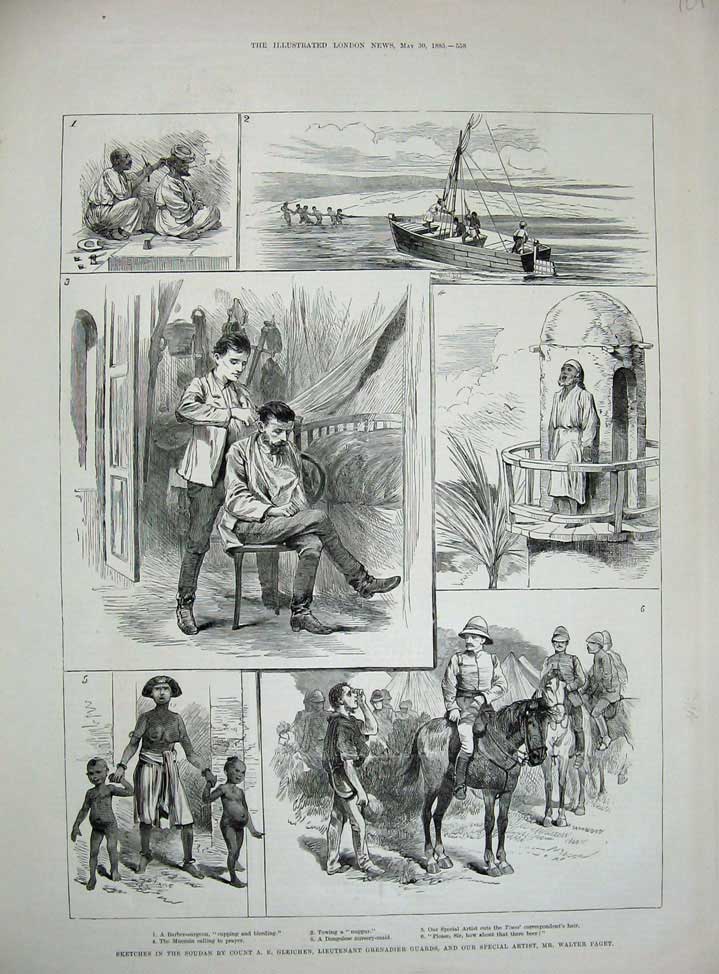 Original Old Antique Print 1885 War Soudan Muezzin Dongolese Grenadier Guards