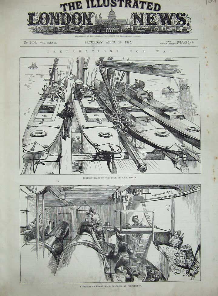 Original Old Antique Print War 1885 Torpedo Boats Ship H.M.S Hecla Colossus