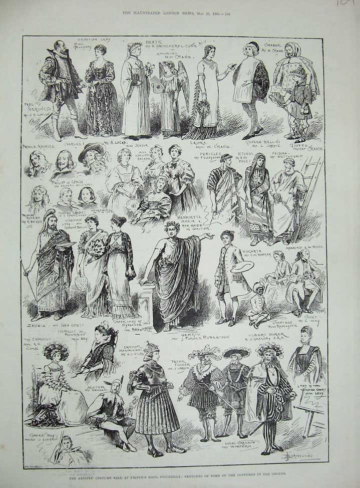 Original Old Antique Print 1885 Costume Ball Prince'S Hall Piccadilly Hogarth