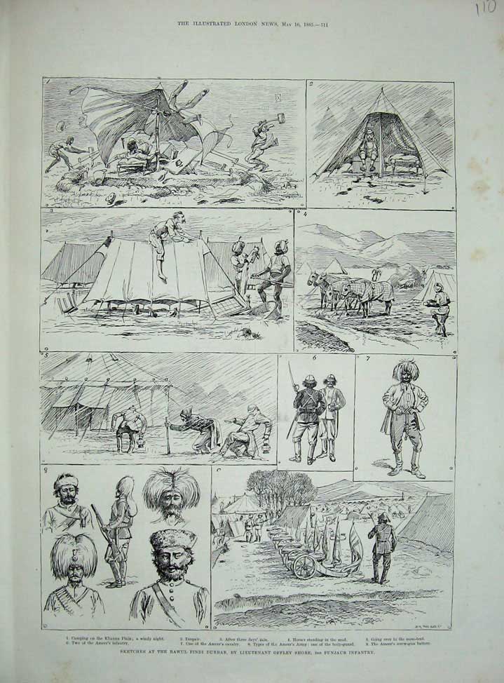 Original Old Antique Print 1885 Rawul Pindi Durbar Punjaub Infantry War Camp