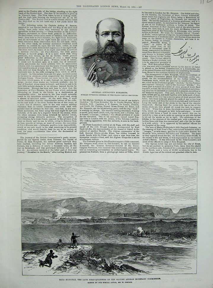 Old Antique Print 1885 General Komaroff Russian War Bala Murghan Afghan 19th