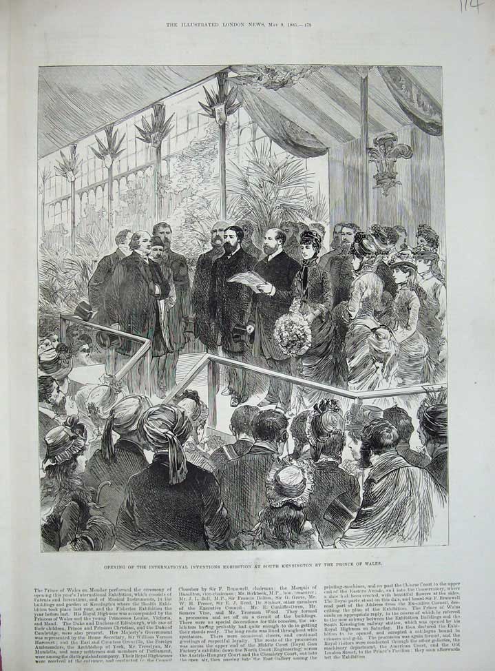 Original Old Antique Print 1885 Prince Wales Inventions Exhibition Kensington