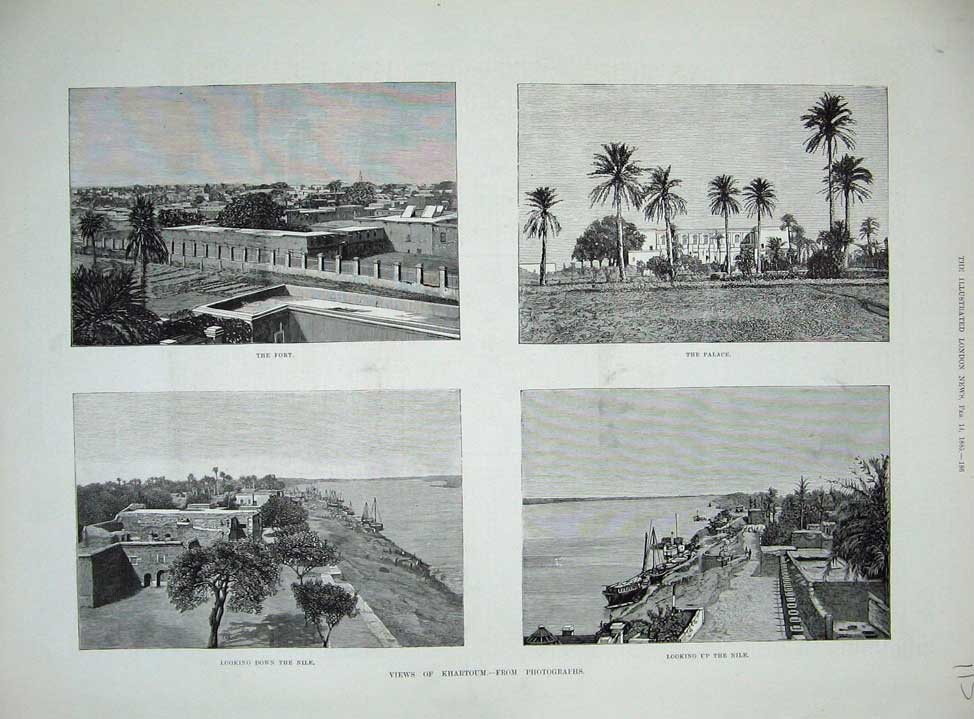 Original Old Antique Print 1885 Khartoum Fort Palace River Nile 19th