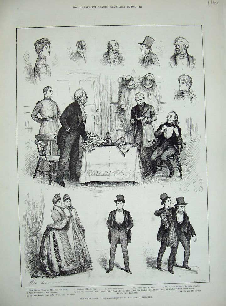 Original Old Antique Print 1885 Magistrate Court Theatre Marion Terry Trent