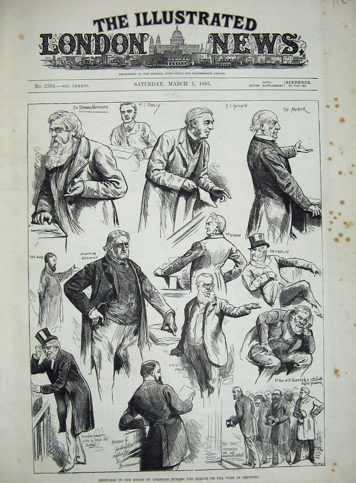 Old Antique Print 1885 House Commons Debate Vote Censure Harcourt Dilke 19th