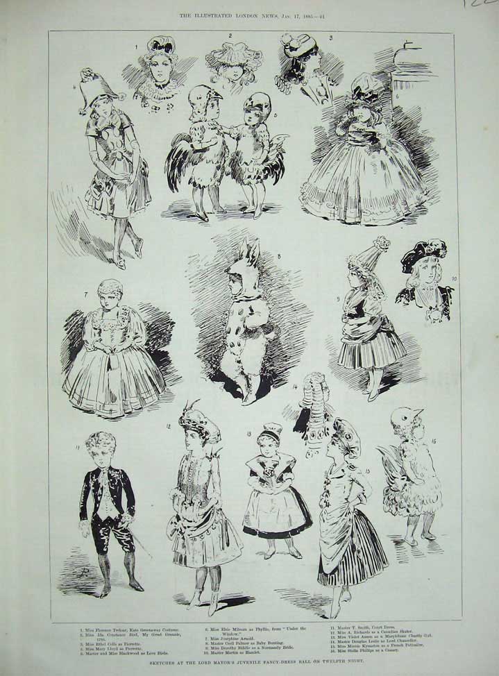 Old Antique Print 1885 Lord Mayor Juvenile Fancy Dress Ball Twelfth Night 19th