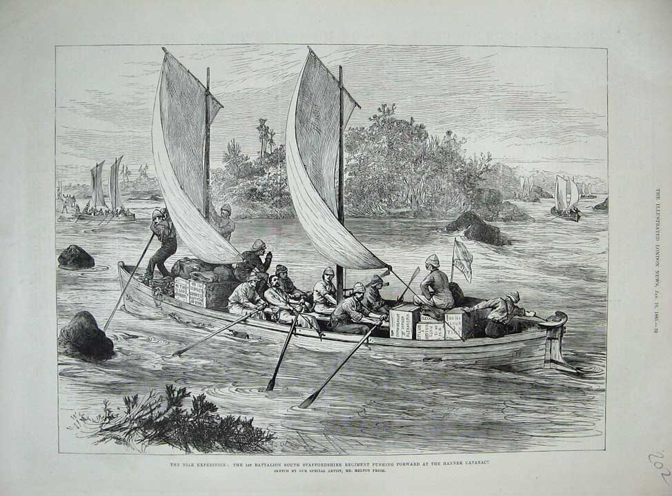 Old Antique Print 1885 River Nile Staffordshire Army Hannek Cataract Boat 19th