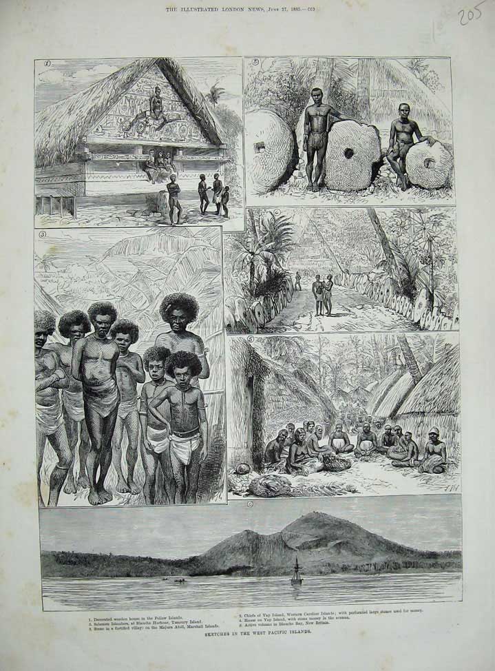 Old Antique Print 1885 Pacific Islands Pellew Yap Volcano Majura Natives 19th