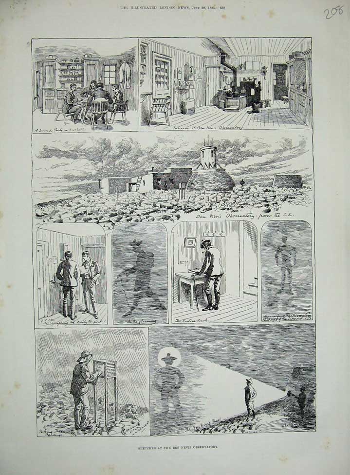 Original Old Antique Print 1885 Ben Nevis Observatory Scotland Telegraphing Men