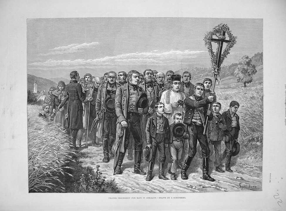 Original Old Antique Print 1885 Fine Art Prayer Procession Rain Germany Country
